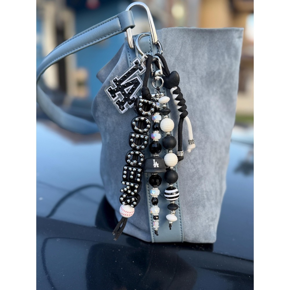 Black Baseball Beaded Keychain, LA baseball purse charm, Midnight Mood